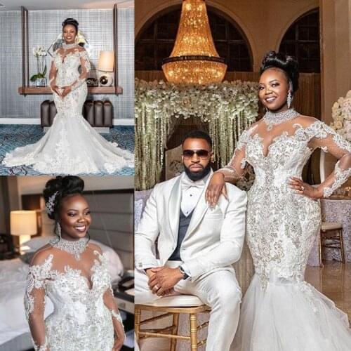 Crystals Major Beading Wedding Dress 2022 Plus Size African Long Sleeves High Neck Mermaid Bridal Gowns See Through Lace Arabic