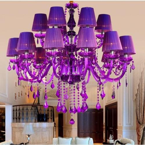 18-arm living room large church Purple chandeliers Led lustres de cristal home purple crystal chandelier with cloth lampshade