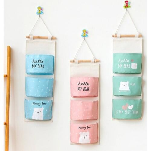 3 Pockets Wall Hanging Storage Bags Cotton Linen Door Organizer Pouch Bedroom Home Wall Decoration Kitchen Bathroom Storage