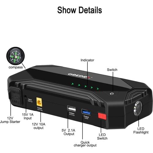 Car Jump Starter12800mAh Booster Emergency Battery Charger Buster Power Bank 1000A 12V Auto Starting Device with LCD flashlight