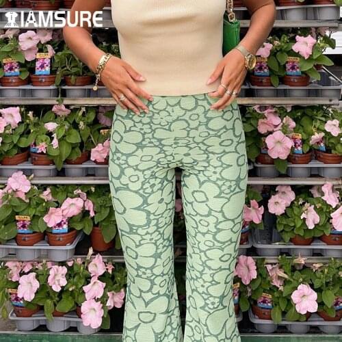 IAMSURE Floral Printed Flare Pants Casual Streetwear High Waisted Trousers Wide Leg Pants Women Y2K Aesthetic Prairie Chic Lady