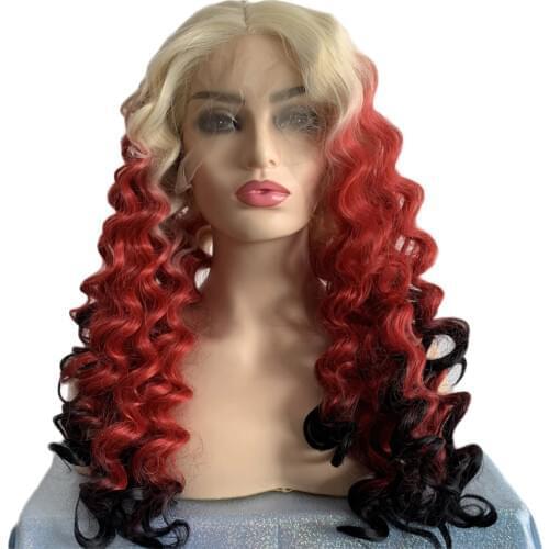 Long Curly Blonde Mix Red Black Synthetic Lace Wig Nature Looking Upgrade Hairstyle Half Hand Tied for Women Cosplay Daily Wig