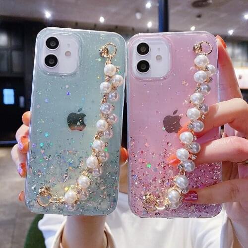 Gradient Sequins Glitter Pearl Wrist Strap Phone Case For iPhone 12 11 Pro Max 12PRO X XS Max XR 6 6S 7 8 Plus SE 5S Soft Covers