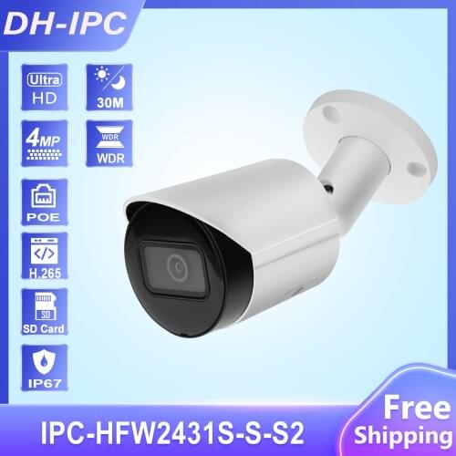 Dahua IP Camera 4MP Bullet PoE IPC-HFW2431S-S-S2 IR 30M Build-in SD Card Slot Starlight IVS CCTV Security Motion Detection IP67