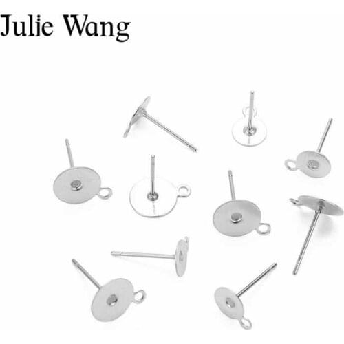 Julie Wang 100PCS 6/8/10mm Stud Earring Base Stainless Steel Earring Post Flat Back Base Pins Settings Jewelry Making Accessory
