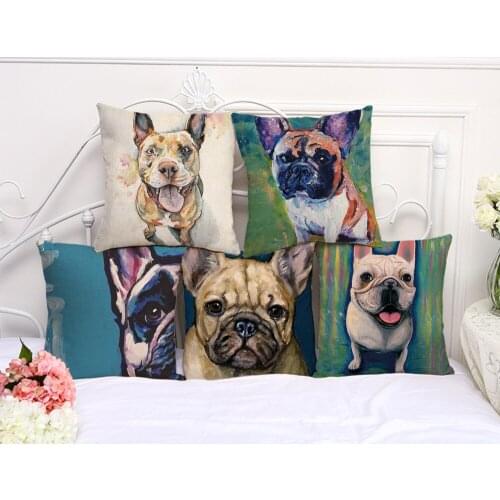 Bulldog Painting Cushion Cover Cotton Linen Decorative Pillowcase Chair Seat Square45x45cm Pillow Cover Home Living Textile