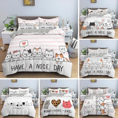 Home Textile Cartoon Cute Cat Quilt Cover Duvet Cover Pillowcase Boy Girl 2/3Pcs Animal Bedding Set King Queen Twin Size Clothes