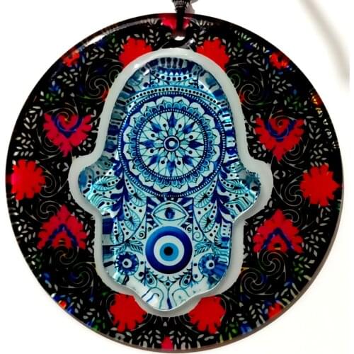 Handmade Red And Blue Embossed Fusion Glass Evil Eye Beaded Wall Ornament