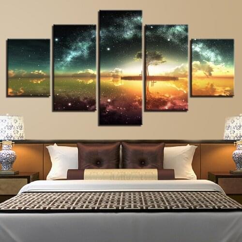 Dream Tree On Bright Lake Galaxy Star Space Picture HD Canvas Art Print Painting For Living Room Home Decoration 5 Pieces