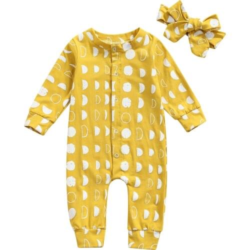 2 Pcs Newborn Casual Outfits, Toddler Geometric Print Round Neck Long Sleeve Jumpsuit + Bow Headband