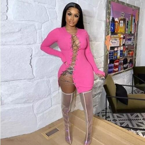 Sexy Knitted Bodycon Mini Dress for Women 2021 Birthday Clothes Long Sleeve Chain Bandage Hollow Night Club Party Ribbed Dress