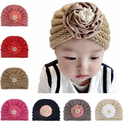 Yundfly Newborn Skull Beanies Hat Children Satin Flowers with Pearl Button Crochet Hat Baby Girls Photo Props Toddler Warm Hat
