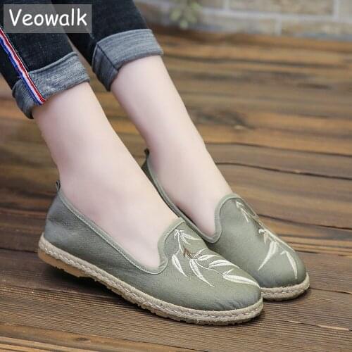 Veowalk Handmade Womens Linen Cotton Espadrilles Flats Slip On Embroidered Shoes Ladies Casual Loafers Comfortable Sneakers