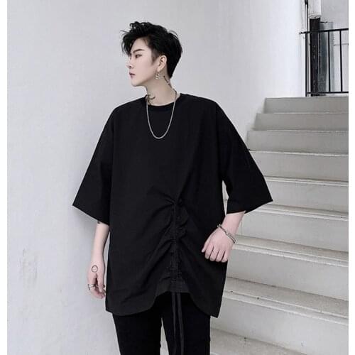 Japanese summer net red dark black short sleeve t solid design drawstring chic T-shirt for men