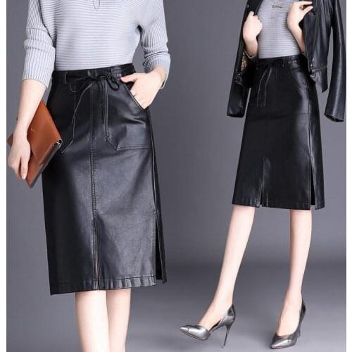 Mid-length Leather Skirt Women 2020 New Spring Autumn Skirt High Waist Large Size Package Hip Skirt Lady Sexy Split Skirt f2951