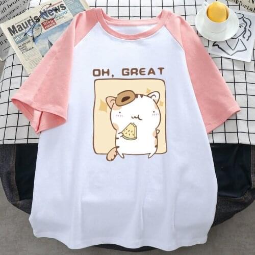 100% Cotton Summer Harajuku Women Tshirt Cute Hamster Pattern Casual T Shirt Short Sleeve Loose Oversized T-shirts Splicing Tops