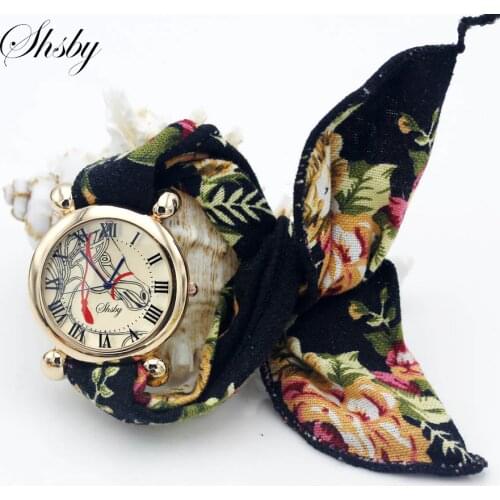 Shsby Ladies flower cloth wristwatch Women Dress Watch Fashion girl Casual Rhinestone Quartz Watch femme horse fabric clock