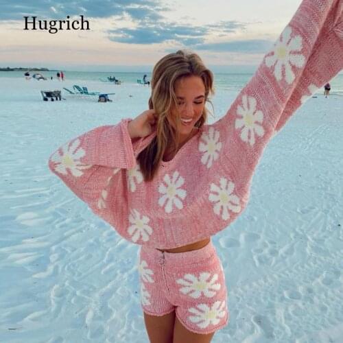 Floral Print Knitted Two Piece Set Women Autumn Long Sleeve Crop Top and Shorts Outfits Ladies Casual Loose Spring