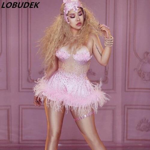 Sexy Halter Collar Pink Feather Rhinestones Dress Bar Club Party Stage Show Performance Mini Short Dress Singer Dancer Costume