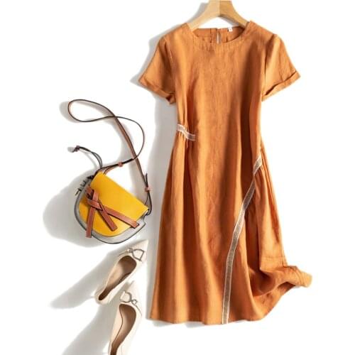 Hemp dress womens mid long 2021 summer new loose show thin age reducing temperament French dress210577