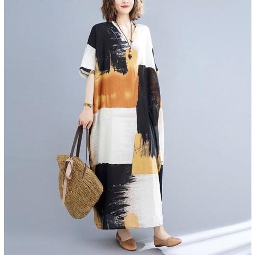 Tie Dye Print Fashion Women Dress 2021 New Arrival Thin Soft Cotton Linen Loose Oversized Summer Dress Women Beach Style Dress