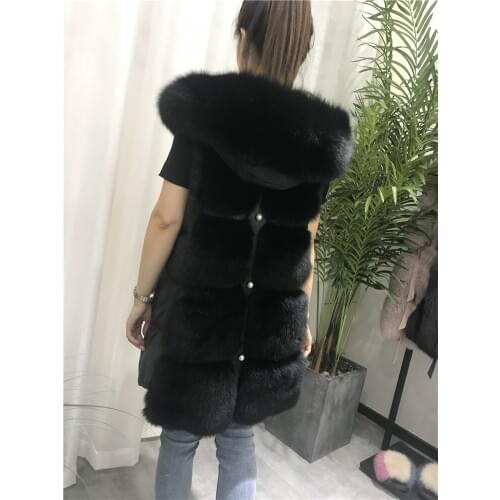 Womens spring autumn winter real fox fur vest hooded full pelt fox fur waistcoat female medium long fur Jacket leather vest