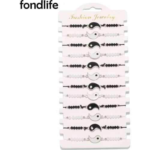 12pcs Zinc Alloy Yin & Yang Decor Bracelet Women Kid Black White Thin Cord Sparkling Crystal Wholesale Adjustable Chic Jewelry