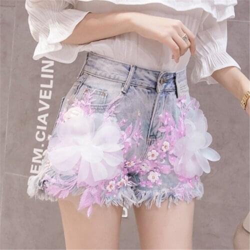 Heavy Industry Flowers Women Denim Shorts Fashion Trend Jeans High Waist Wide Leg Pants Hole Rough Selvedge Casual Cowboy Shorts