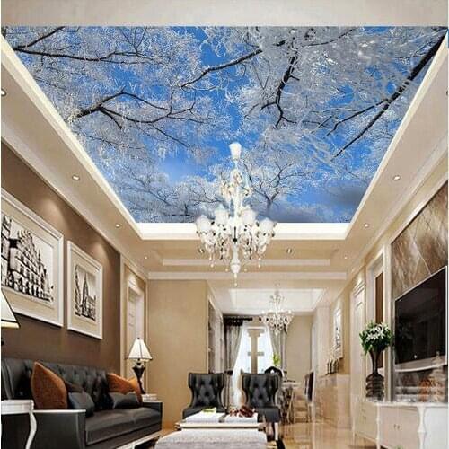 3D Photo Mural Wall Paper HD Winter Snow Tree Birch Wallpaper for Living Room Ceiling Mural Wallpapers Roll Landscape