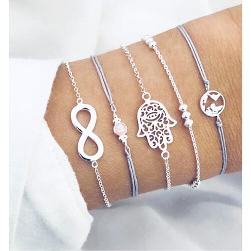 5 Piece Bohemia Boho Women Lady Female Silver Color 8 Letters Bracelet, Hamsa Bracelet, Adjustable Charm Bracelet