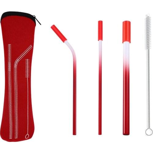 5Pcs/Set Metal Straw With Silicone Tips Reusable 304 Stainless Steel Straw Cleaning Brush Drinking Straws Gradient Color Straw