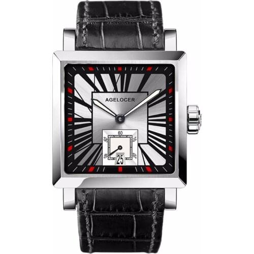 Agelocer Luxury Dress Watches Mens Square Stainless Steel Waterproof Automatic Watches Genuine Leather Strap Analog Watches
