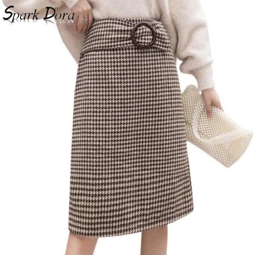 Free Shipping Skirts Pencil Khaki Winter New Fashion Leisure High Waist Thousand Bird Hip Plaid Hit Color Comfort Woolen Skirt
