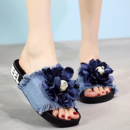 Big pearl flowers open toe sandals women denim slippers shoes cozy slip on floral fringe flip flops 36-41 size sapato feminino