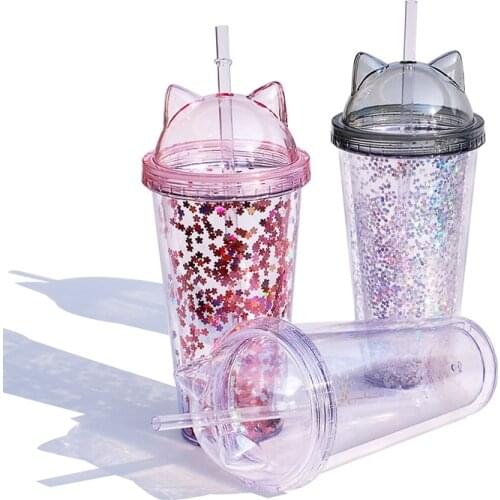 420ML Cat Ear Flash Double-layer Plastic Cup Water Bottle Kettle Creative Plastic Water Cup Straw Cup