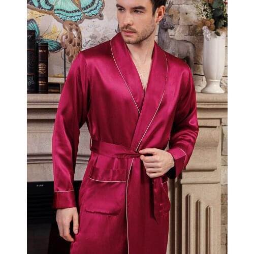 Falaishuka Solid Color Mens Silk Nightgown Wedding Long Sleeve High-End Silk Pajamas Mens Homewear S5625