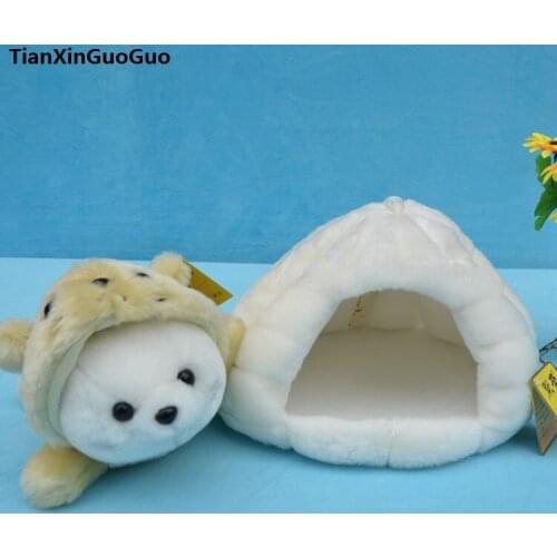 About 25cm khaki hat seal with snow house plush toy,soft doll baby toy birthday gift h2131