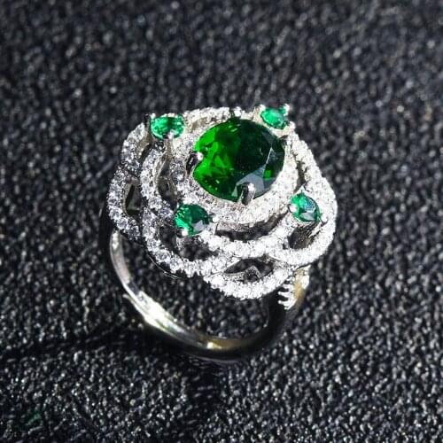 QTT Lab Diamond 925 Silver Rings for Women Flower Petals Green Gemstone Resizable Finger Ring Engagement Anniversary Party Gift