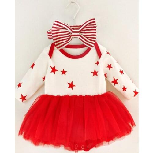 2pc Newborn Baby Clothes Set Lace Dress Infat Baby Girl Rompers+Headband Long Sleeve Five Star Toddler Costume Baby Clothing