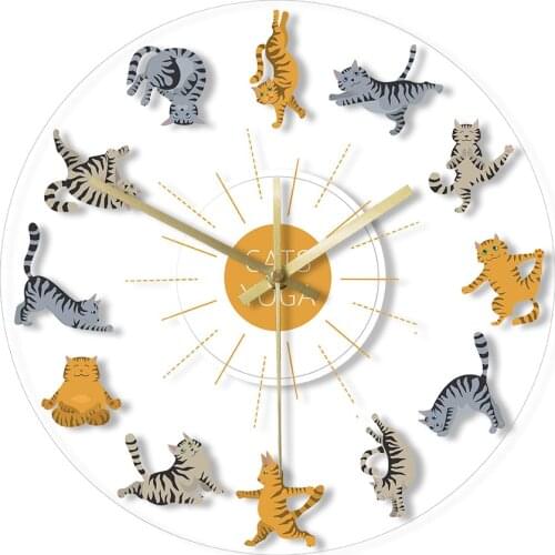 Cats Yoga Different Yoga Poses and Exercises LED Wall Clock Striped and Tabby Kitten Colorful Animal Home Decor Clocks Watch