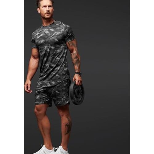 Hot Style Mens Short Sleeves Tops + Pants New Summer Fitness Casual Camouflage Tracksuit Two-Piece Set Bodybuilding Clothing