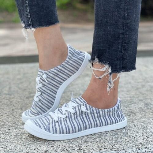 New Summer Women Fashion Casual Everyday Canvas Stripe Print Lace Up Flat Sneakers Comfortable Hot SaleWomen Sneakerstu9