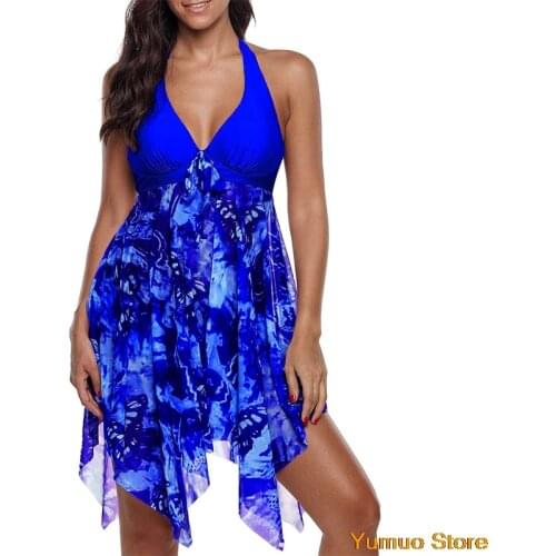 Summer Women Swimwear Irregular Floral Printed Halter Two Piece Swimsuit Bathing Suit Swimming Dress and Short Beachwear Tankini