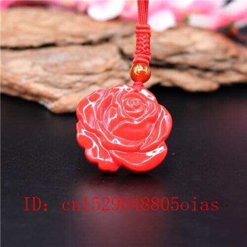 Natural Red Coral Jade Stone Rose Pendant Flower Necklace Chinese Jadeite Jewelry Charm Amulet Carved Gifts for Women Men