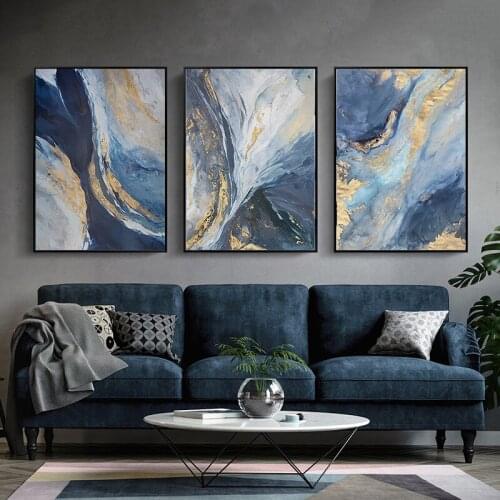 Nordic New Chinese Blue Gold Abstract River Landscape Canvas Decorative Painting Wall Art Print Poster Living Room Home Decor