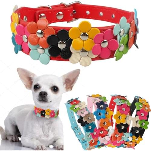 Flower Dog Collar Cute Leather Studded Dogs Necklaces Pet Collars For Small Medium Dogs Pink/Black/Red Colors For Chihuahua D30
