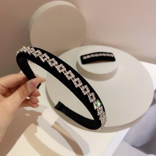 Korean Retro Hairband Black Velvet Square Chain Rhinestone BB Clip Headbands for Women Girls Casual Accessories for Hair Jewelry