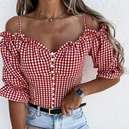 Retro Plaid V-Neck Single Breasted Women Tops Fashion Sexy Off Shoulder Half Sleeve Ruffle Ladies Blouses 2021 Summer