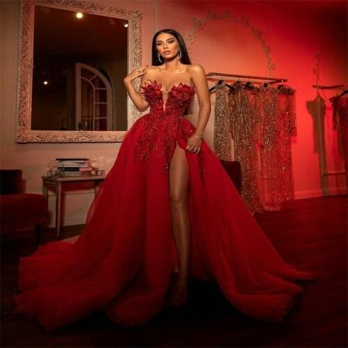 Gorgeous Red Crystal A-line Prom Event Dresses Sexy High Side Split Puffy Tulle Beaded Women Formal Party Dress