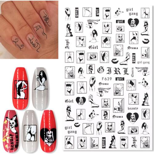 1Pc Sexy Lady Shaped 3D Nail Stickers Character Face Image Leaves Flower Decals Slider Black White DIY Nail Art Decorarion